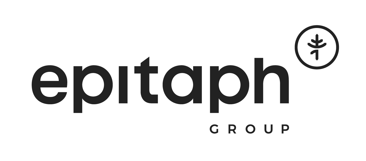Epitaph Group logo in dark gray text with circular tree emblem on black background.