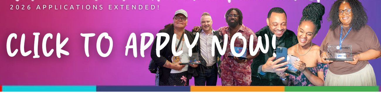2026 applications extended banner with five award recipients, founder and “Click to Apply Now” call to action