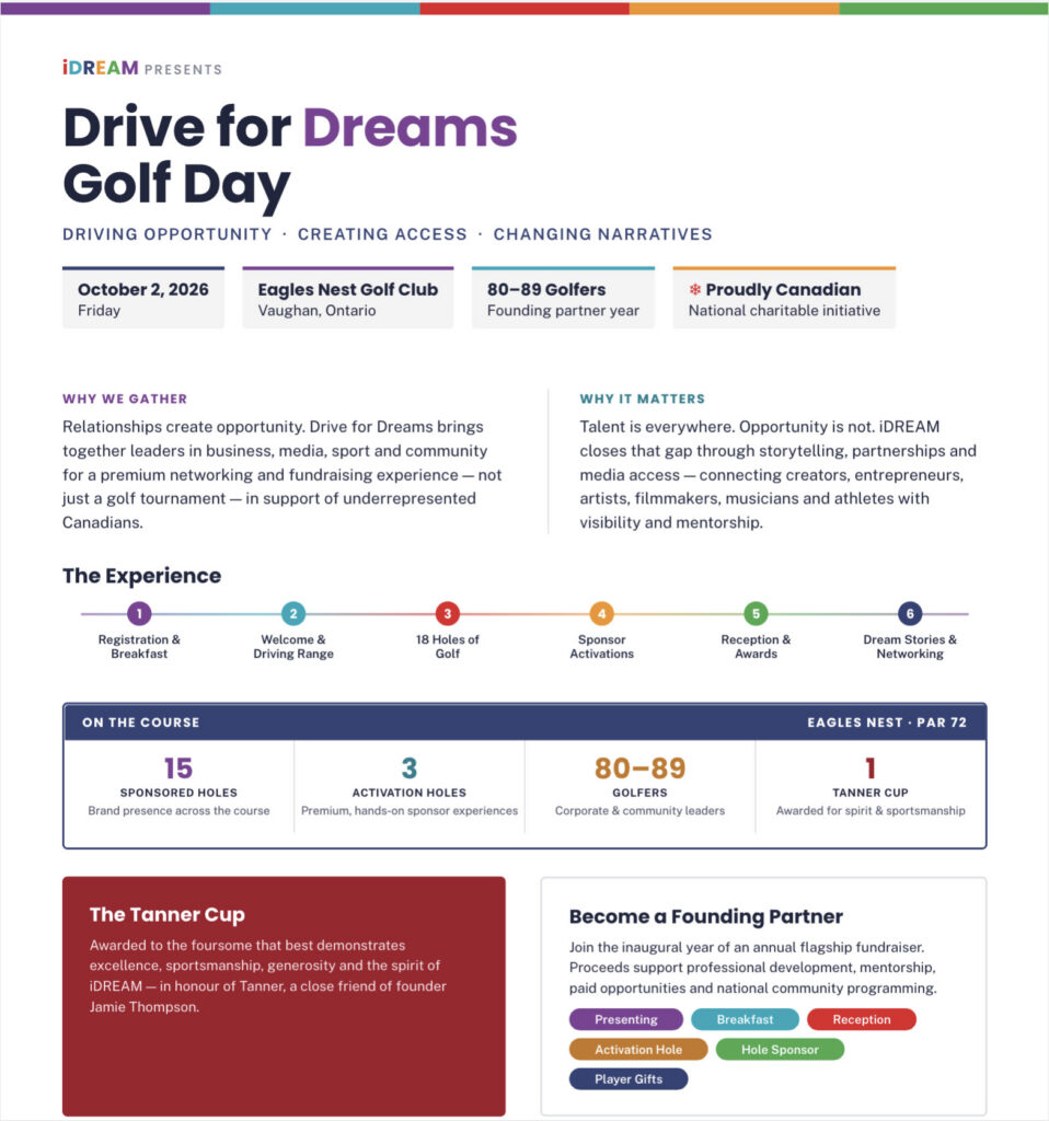 iDREAM Drive for Dreams Golf Day 2026 event flyer for Eagles Nest Golf Club in Vaughan, Ontario.